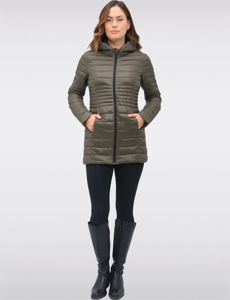 Long Vegan Ultra-Lightweight Eco-Down Hooded Puffer Jacket by Point Zero