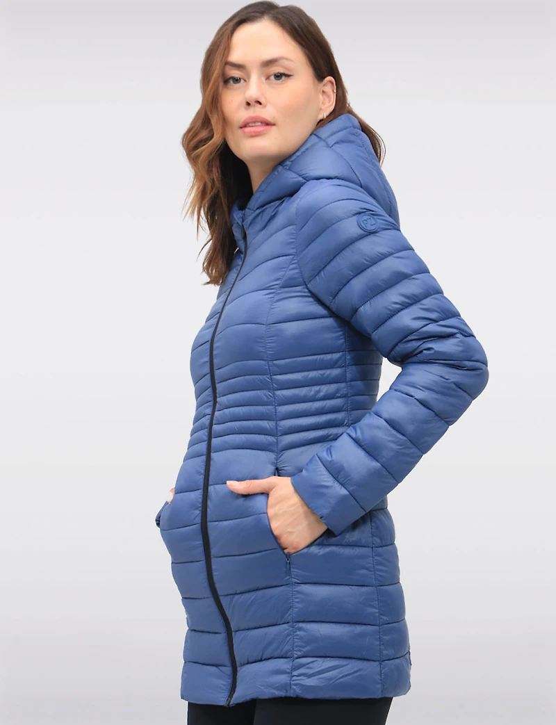 Long Vegan Ultra-Lightweight Eco-Down Hooded Puffer Jacket by Point Zero