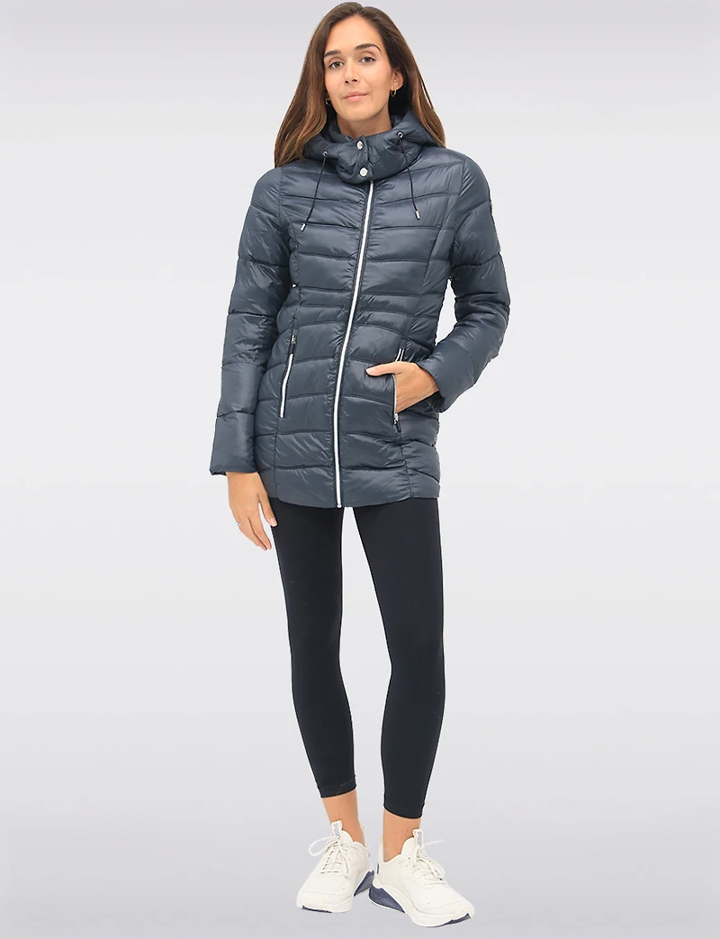 Vegan Lightweight Packable Hooded Puffer with Matching Neck Pillow by Point Zero