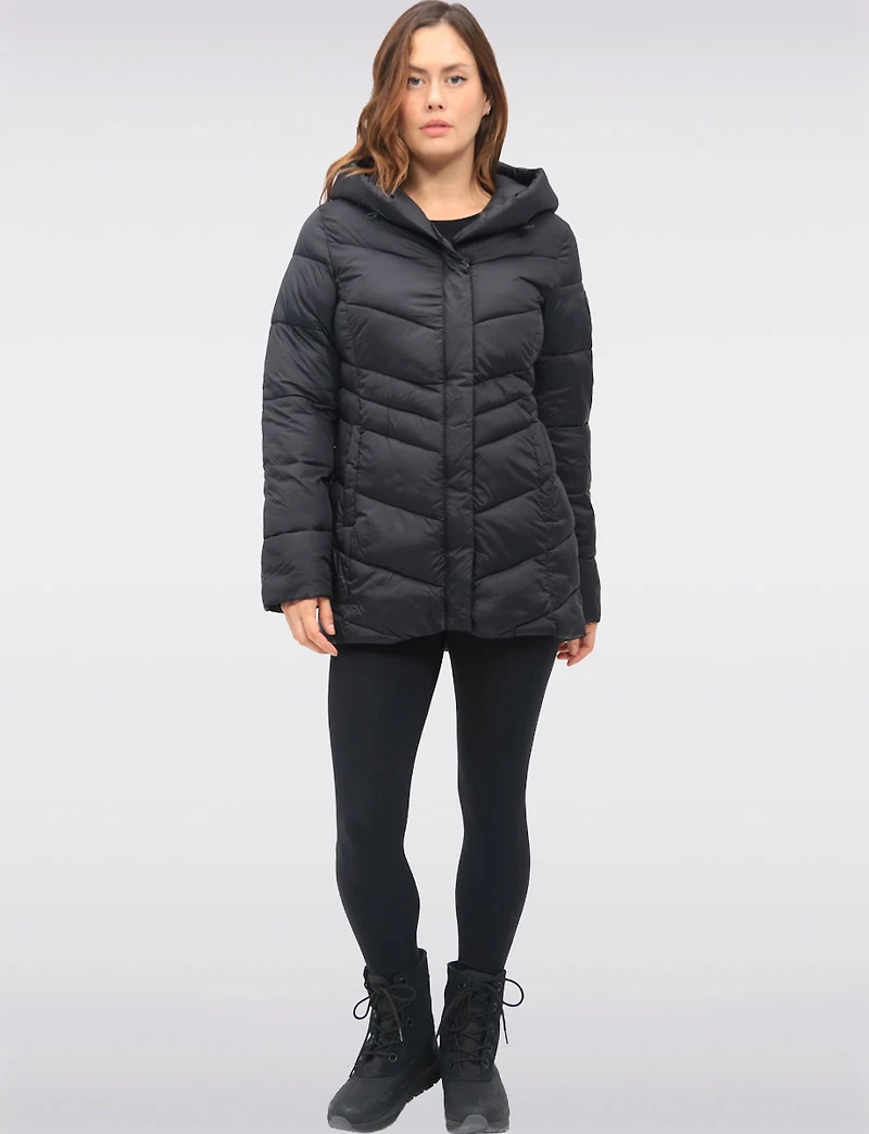 Lightweight Vegan Puffer Coat with Attached Pillow Hood & Placket by Point Zero