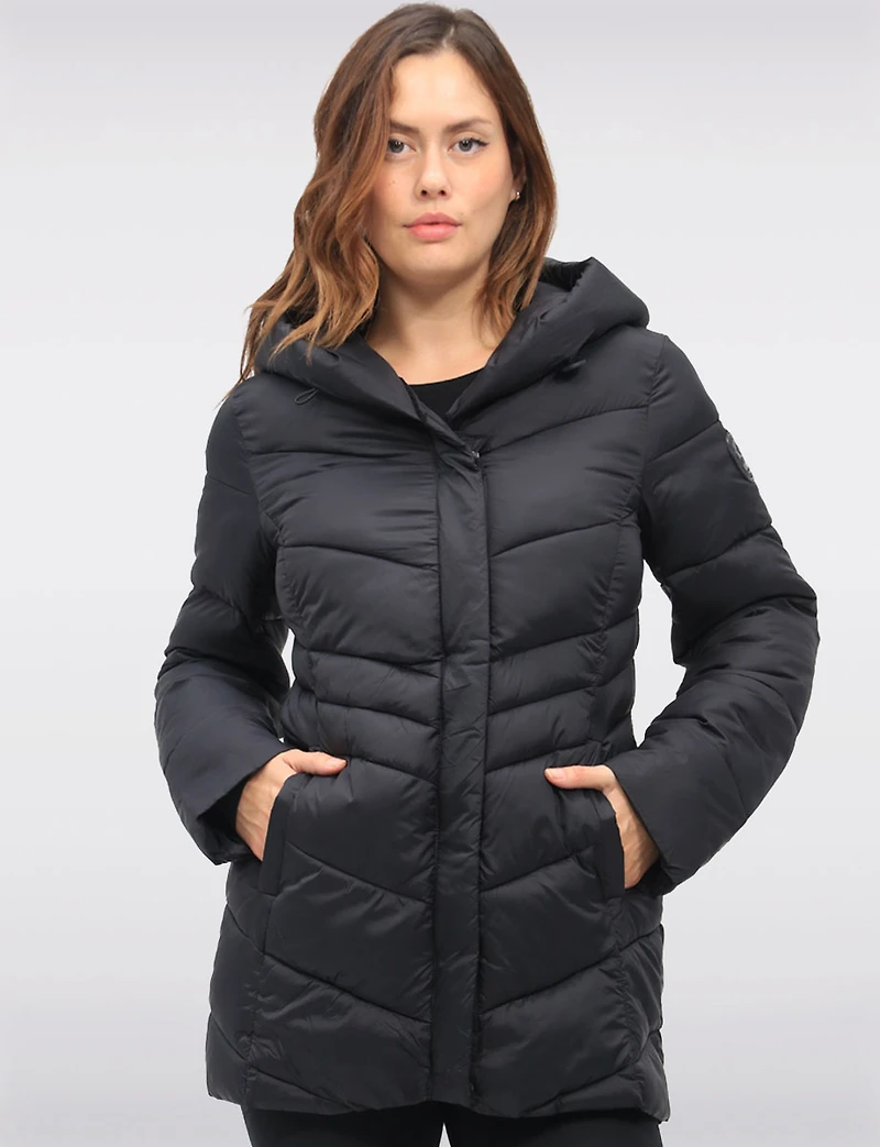 Lightweight Vegan Puffer Coat with Attached Pillow Hood & Placket by Point Zero