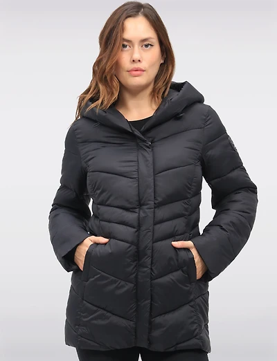 Lightweight Vegan Puffer Coat with Attached Pillow Hood & Placket by Point Zero