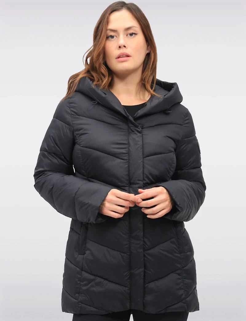 Lightweight Vegan Puffer Coat with Attached Pillow Hood & Placket by Point Zero