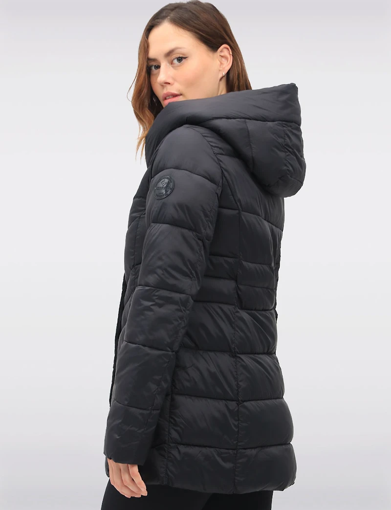 Lightweight Vegan Puffer Coat with Attached Pillow Hood & Placket by Point Zero