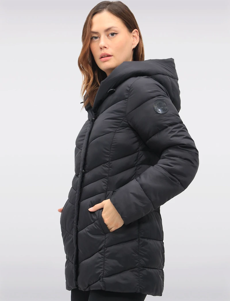 Lightweight Vegan Puffer Coat with Attached Pillow Hood & Placket by Point Zero