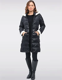 Long Vegan Hooded Puffer with Sherpa Accents & Welt Pockets by Point Zero