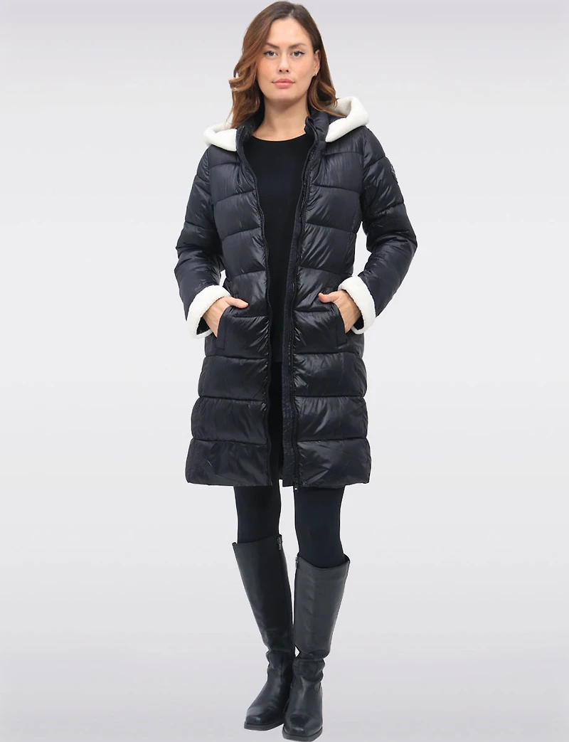 Long Vegan Hooded Puffer with Sherpa Accents & Welt Pockets by Point Zero