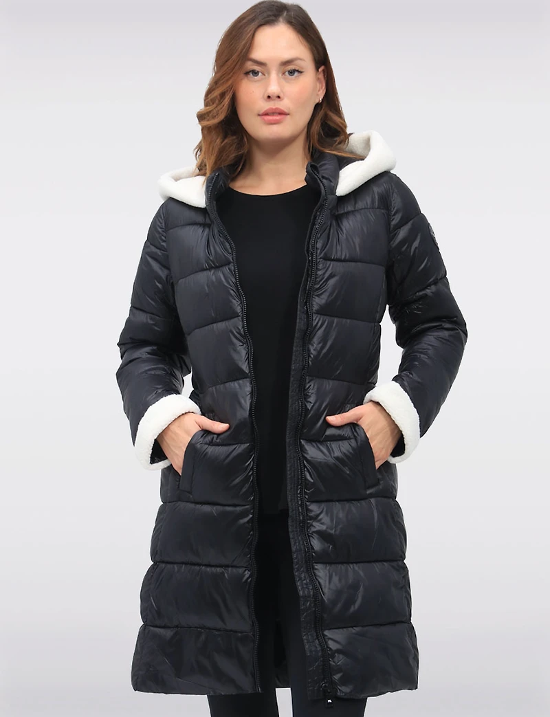 Long Vegan Hooded Puffer with Sherpa Accents & Welt Pockets by Point Zero