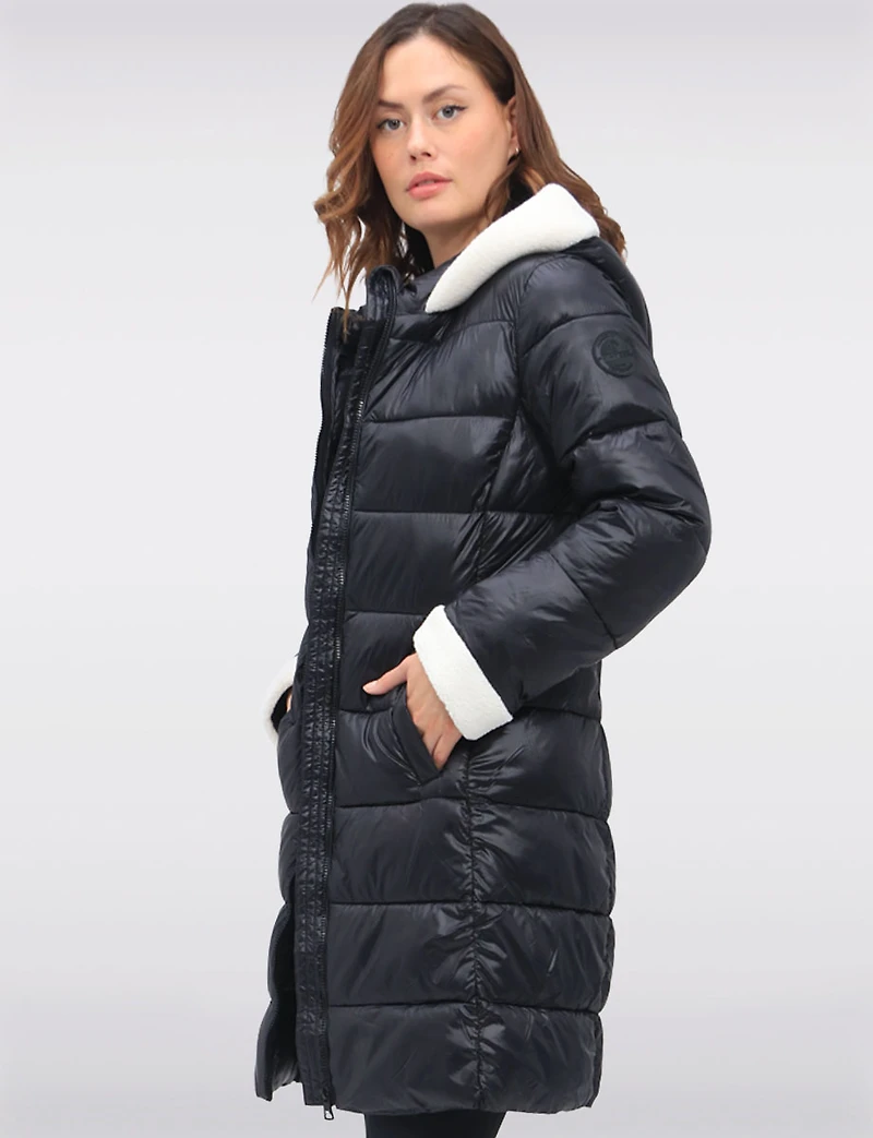 Long Vegan Hooded Puffer with Sherpa Accents & Welt Pockets by Point Zero