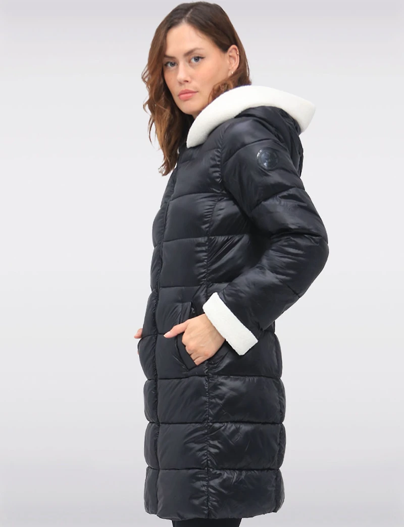 Long Vegan Hooded Puffer with Sherpa Accents & Welt Pockets by Point Zero