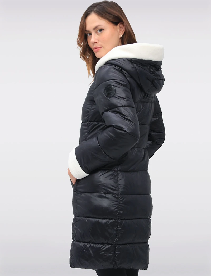 Long Vegan Hooded Puffer with Sherpa Accents & Welt Pockets by Point Zero