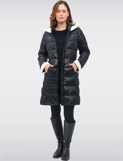 Long Vegan Hooded Puffer with Sherpa Accents & Welt Pockets by Point Zero