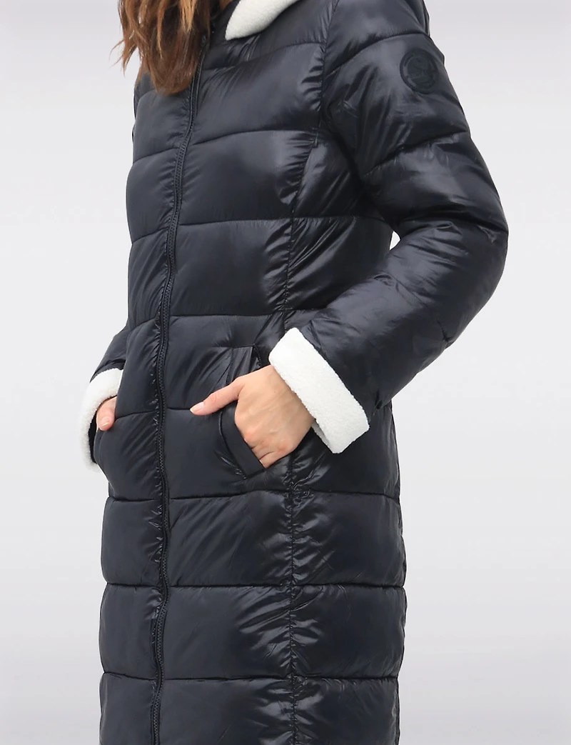 Long Vegan Hooded Puffer with Sherpa Accents & Welt Pockets by Point Zero