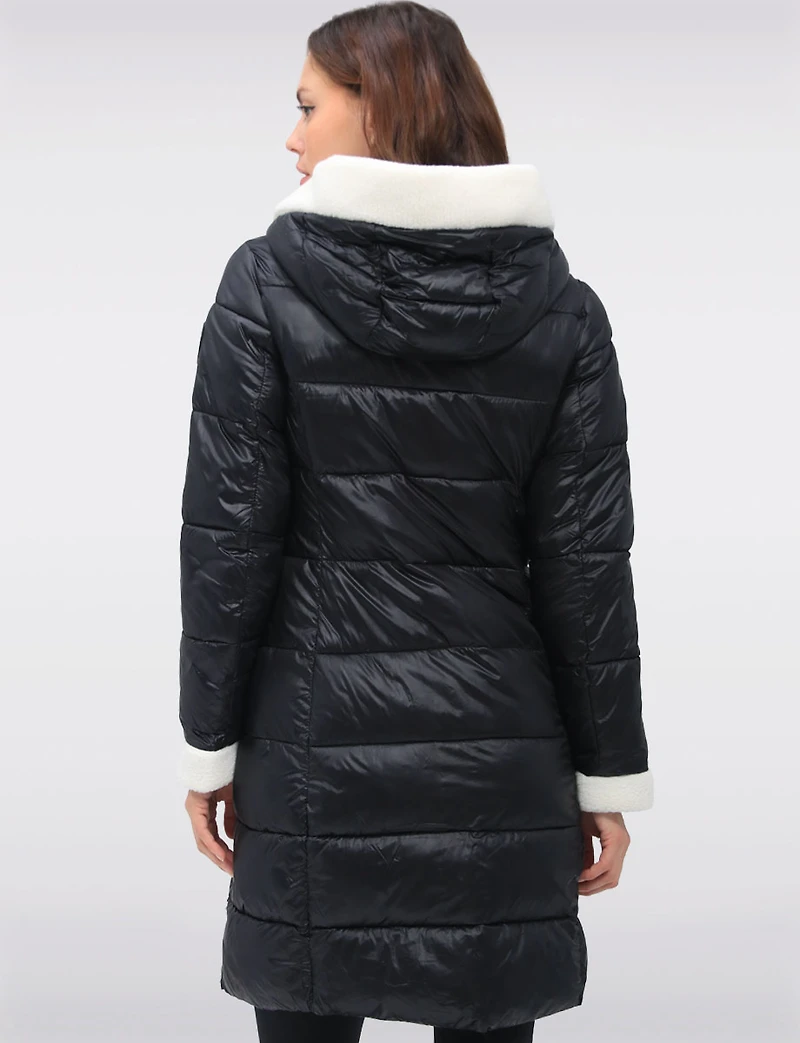 Long Vegan Hooded Puffer with Sherpa Accents & Welt Pockets by Point Zero