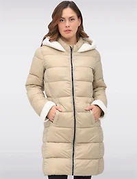 Long Vegan Hooded Puffer with Sherpa Accents & Welt Pockets by Point Zero