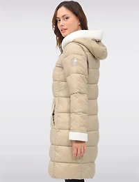 Long Vegan Hooded Puffer with Sherpa Accents & Welt Pockets by Point Zero