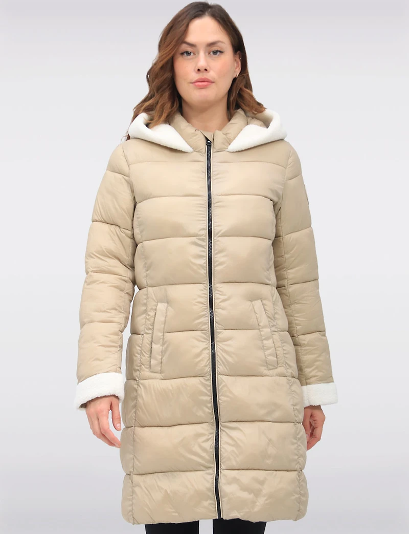 Long Vegan Hooded Puffer with Sherpa Accents & Welt Pockets by Point Zero