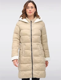 Long Vegan Hooded Puffer with Sherpa Accents & Welt Pockets by Point Zero