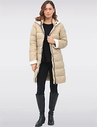 Long Vegan Hooded Puffer with Sherpa Accents & Welt Pockets by Point Zero