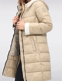 Long Vegan Hooded Puffer with Sherpa Accents & Welt Pockets by Point Zero