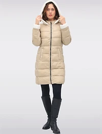Long Vegan Hooded Puffer with Sherpa Accents & Welt Pockets by Point Zero