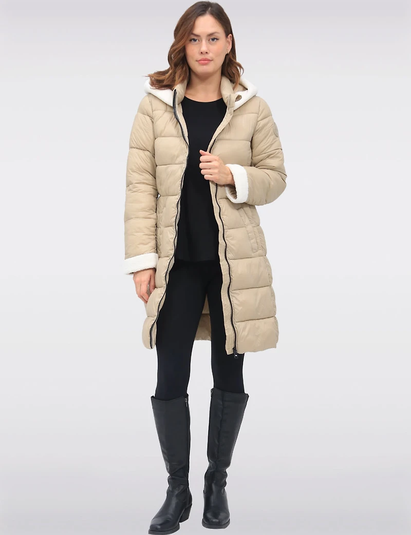 Long Vegan Hooded Puffer with Sherpa Accents & Welt Pockets by Point Zero