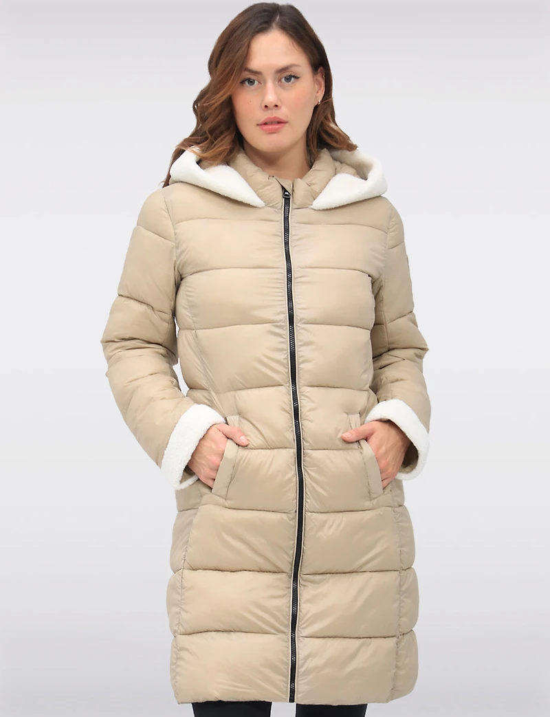 Long Vegan Hooded Puffer with Sherpa Accents & Welt Pockets by Point Zero