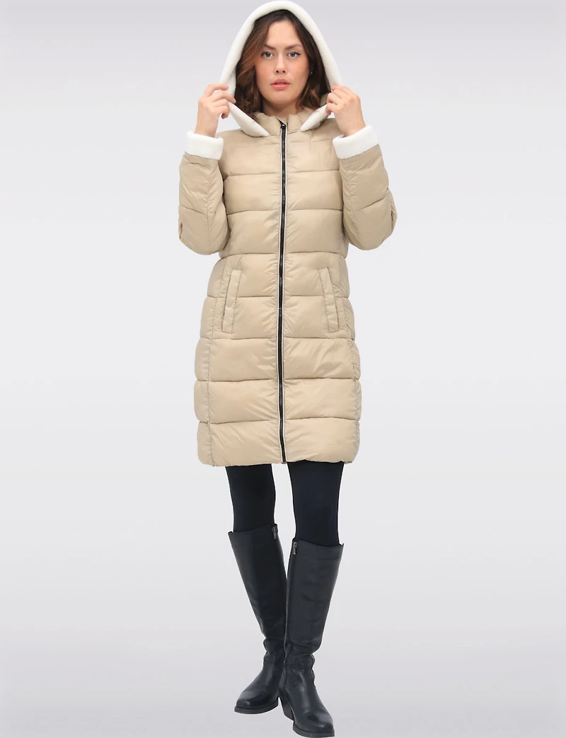 Long Vegan Hooded Puffer with Sherpa Accents & Welt Pockets by Point Zero