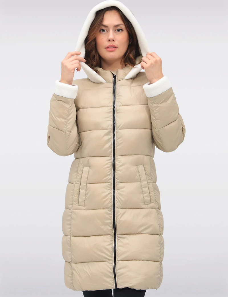 Long Vegan Hooded Puffer with Sherpa Accents & Welt Pockets by Point Zero