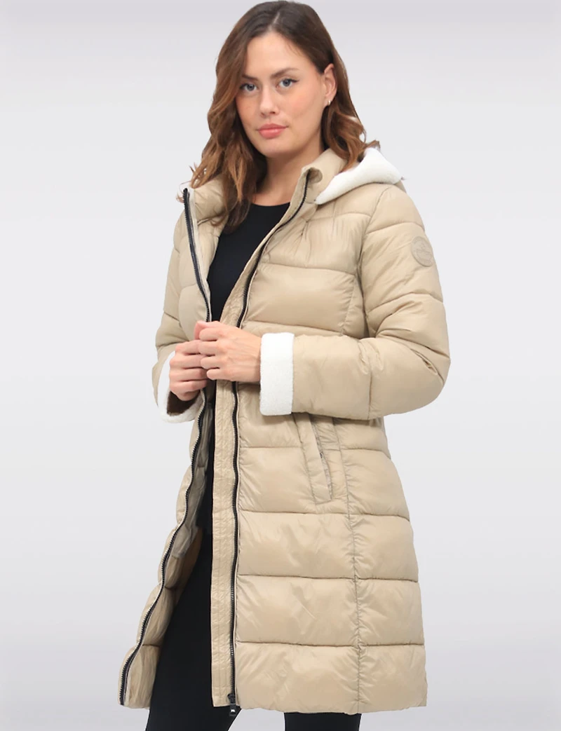 Long Vegan Hooded Puffer with Sherpa Accents & Welt Pockets by Point Zero