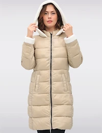 Long Vegan Hooded Puffer with Sherpa Accents & Welt Pockets by Point Zero