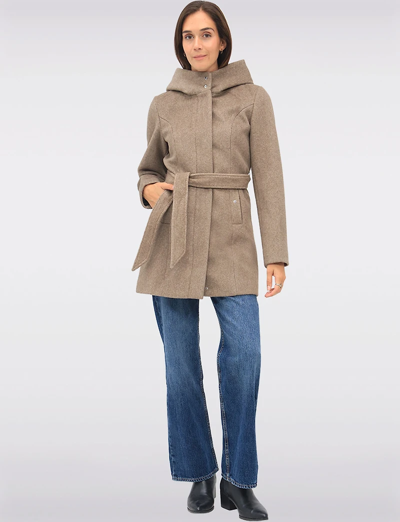 Chic Vegan Melton-Look Hooded Belted Coat with Zip Front Closure by Point Zero