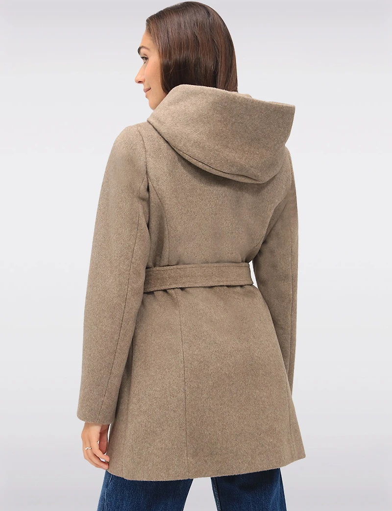 Chic Vegan Melton-Look Hooded Belted Coat with Zip Front Closure by Point Zero