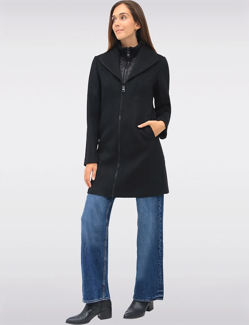 Vegan Zip-Front Coat with Quilted Bib Notch Collar & Welt Pockets by Point Zero