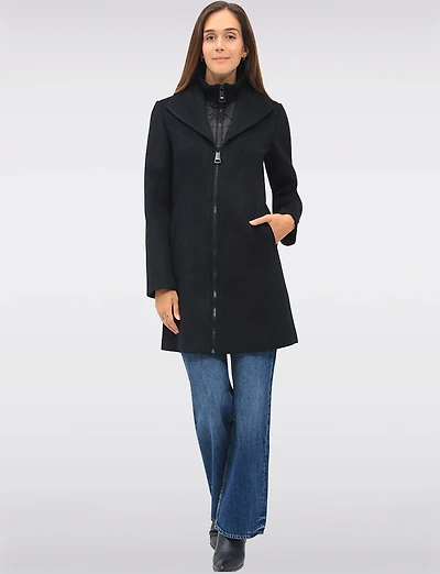 Vegan Zip-Front Coat with Quilted Bib Notch Collar & Welt Pockets by Point Zero