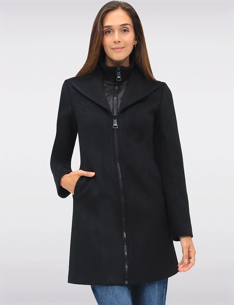 Vegan Zip-Front Coat with Quilted Bib Notch Collar & Welt Pockets by Point Zero