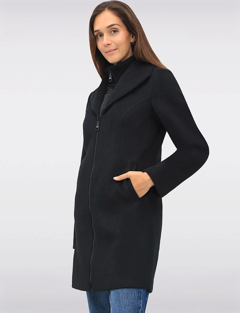 Vegan Zip-Front Coat with Quilted Bib Notch Collar & Welt Pockets by Point Zero