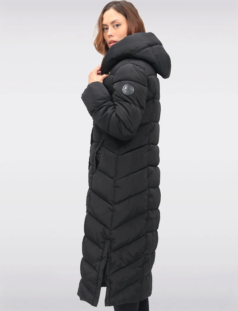 Vegan Maxi Eco-Down Hooded Puffer Coat with Inner Bib & Side Slits by Point Zero