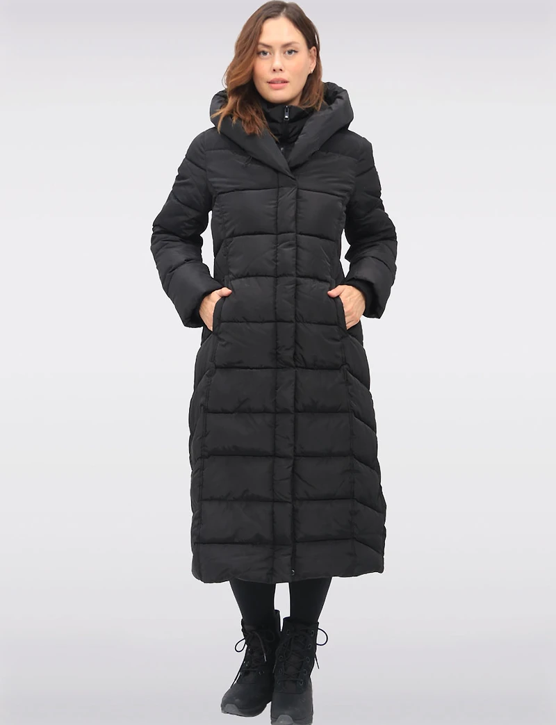 Vegan Maxi Eco-Down Hooded Puffer Coat with Inner Bib & Side Slits by Point Zero