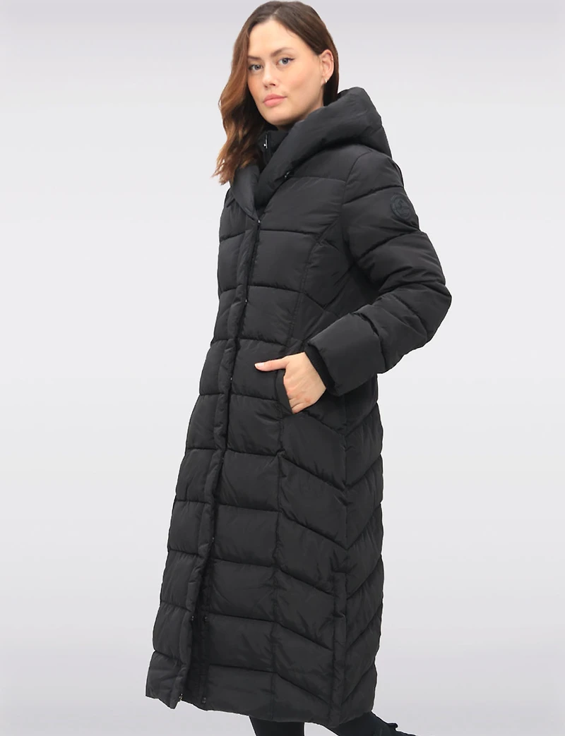 Vegan Maxi Eco-Down Hooded Puffer Coat with Inner Bib & Side Slits by Point Zero