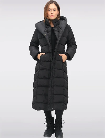 Vegan Maxi Eco-Down Hooded Puffer Coat with Inner Bib & Side Slits by Point Zero