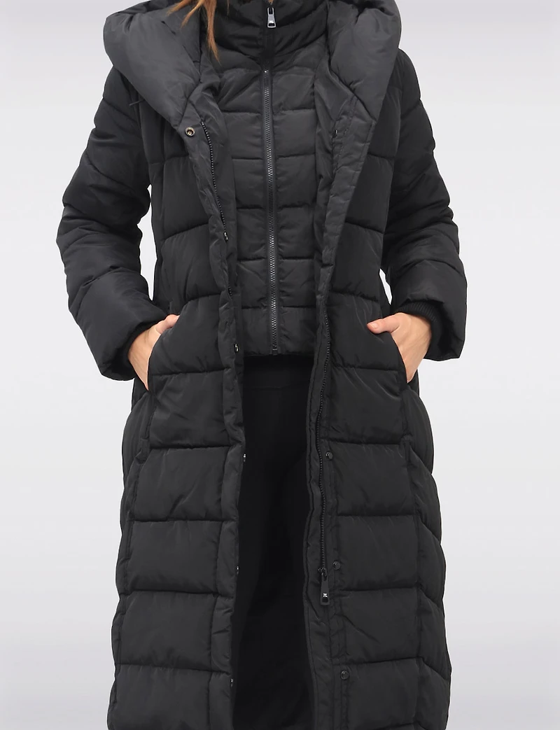 Vegan Maxi Eco-Down Hooded Puffer Coat with Inner Bib & Side Slits by Point Zero