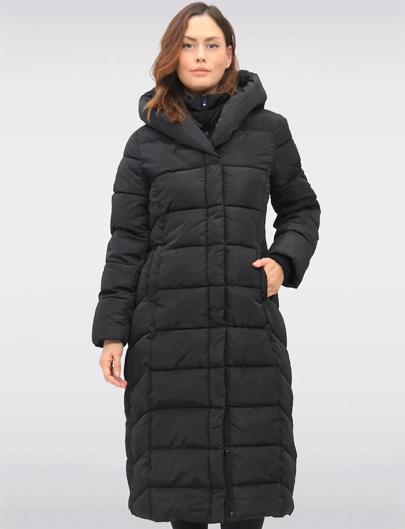 Vegan Maxi Eco-Down Hooded Puffer Coat with Inner Bib & Side Slits by Point Zero