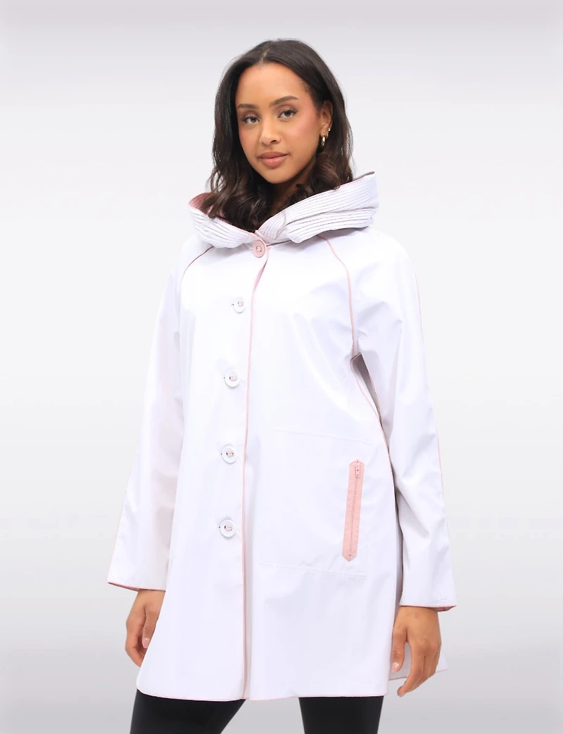 Loose Fit Reversible Pink & Grey Pleated Hood Button Front Raincoat by UBU