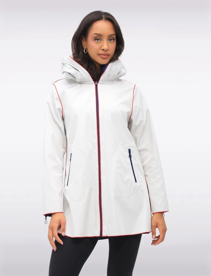 Loose Fit Reversible Beige & Navy Pleated Hood Zip Front Rain Jacket by UBU