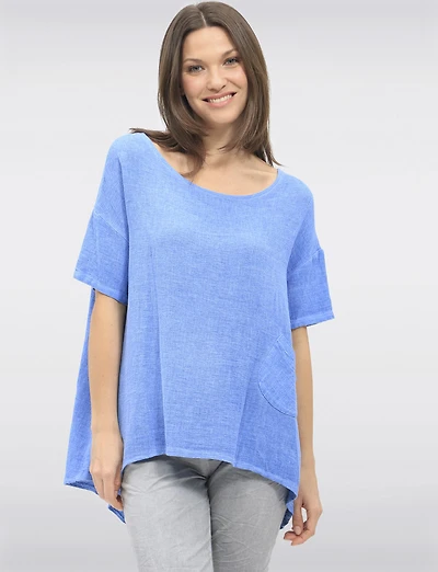 Breathable High-Low Linen Top with Stylish Button-Down Back Detail by Froccella