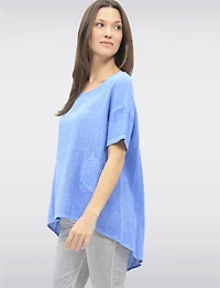 Breathable High-Low Linen Top with Stylish Button-Down Back Detail by Froccella