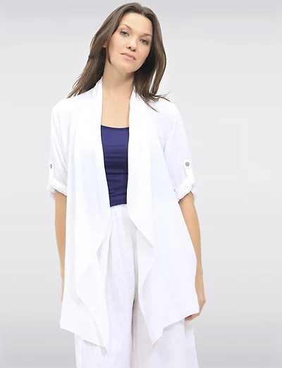 Flowy Linen-Blend Cardigan with Cascading Front & Rolled Sleeves by Froccella