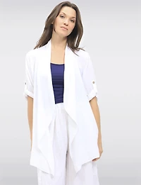 Flowy Linen-Blend Cardigan with Cascading Front & Rolled Sleeves by Froccella