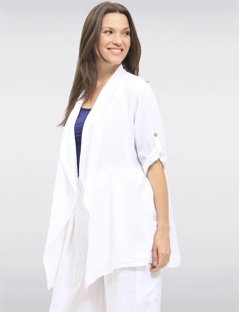Flowy Linen-Blend Cardigan with Cascading Front & Rolled Sleeves by Froccella